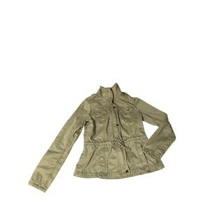 Women's Hollister Army Green Utility Jacket Medium Full‎ Zip Pockets Drawstring